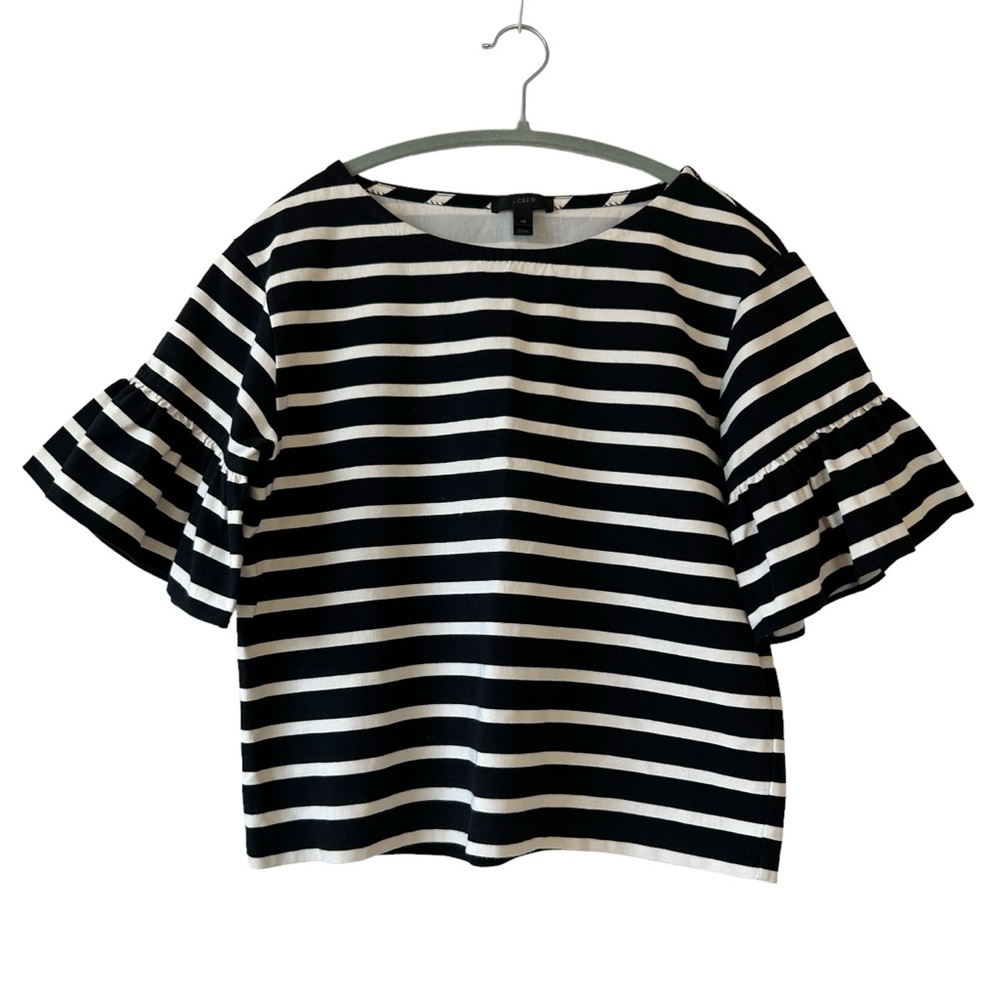 J Crew Women’s Black&Cream Striped Ruffle Bell Sleeve Top Blouse Size XS Preppy